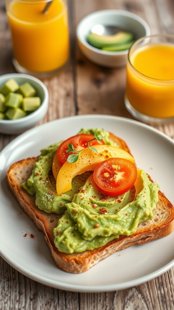 A plate of avocado toast with mashed avocado, tomatoes, and microgreens on toasted bread.